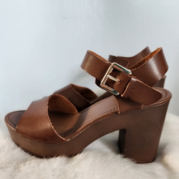 Forever 21 Brown Wood & Leather Style Block Heel Sandals Y2K-Inspired Sz 8 - Picture 3 of 16